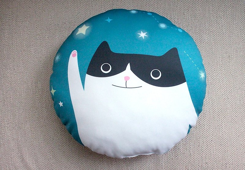 貓咪圓形抱枕 午睡枕 - 枕頭/咕𠱸 - 棉．麻 藍色