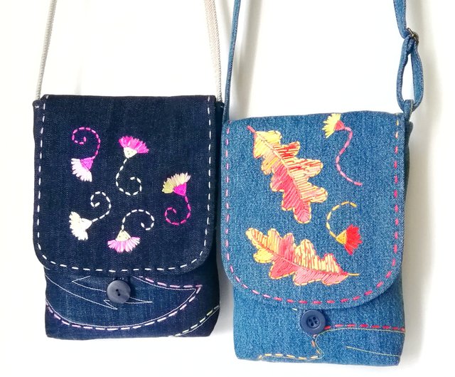 Denim sling bag with embroidery