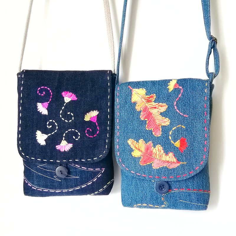 Handmade Denim Embroidered Bags for Women - Boho Shoulder Purses, Unique Designs - กระเป๋าแมสเซนเจอร์ - ผ้าฝ้าย/ผ้าลินิน 