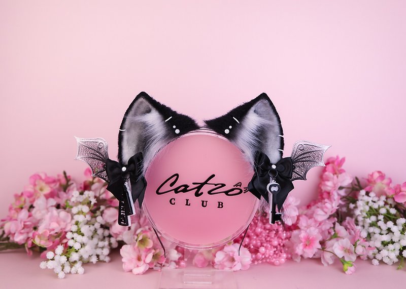 Black and White Cheshire Cat Ears Faux Fur Cat Ears Headband - 髮夾/髮飾 - 其他人造纖維 黑色