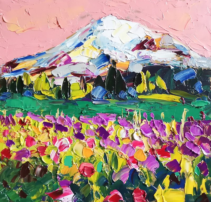 Mount Fuji Original Art Impasto Oil Painting landscapes Art Flower by Verafe - Posters - Other Materials Multicolor