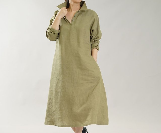 wafu Linen dress / long sleeve / midi length / A-line / shirt design  a063a-ign2 - Shop wafu linen clothing One Piece Dresses - Pinkoi