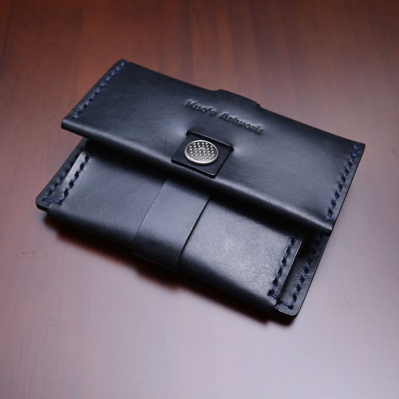 黑色植鞣革手縫零錢包/卡片夾 - 卡片套/卡片盒 - 真皮 黑色