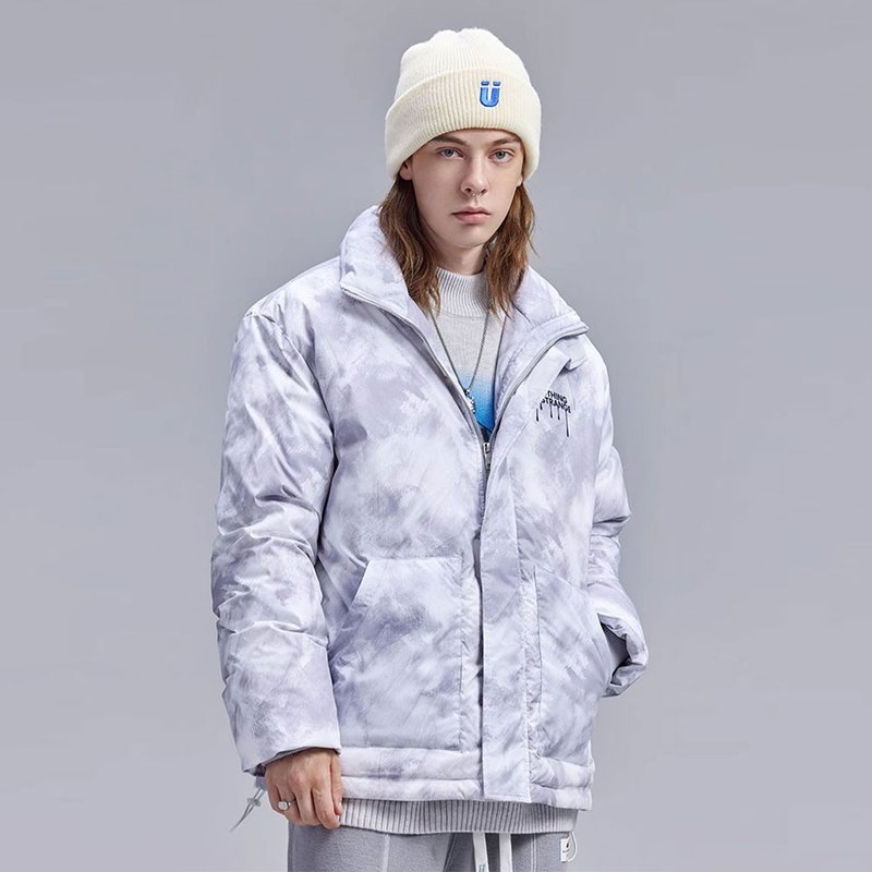 冬季灰色水墨印花半高領羽絨服外套 - 男夾克/外套 - 聚酯纖維 灰色