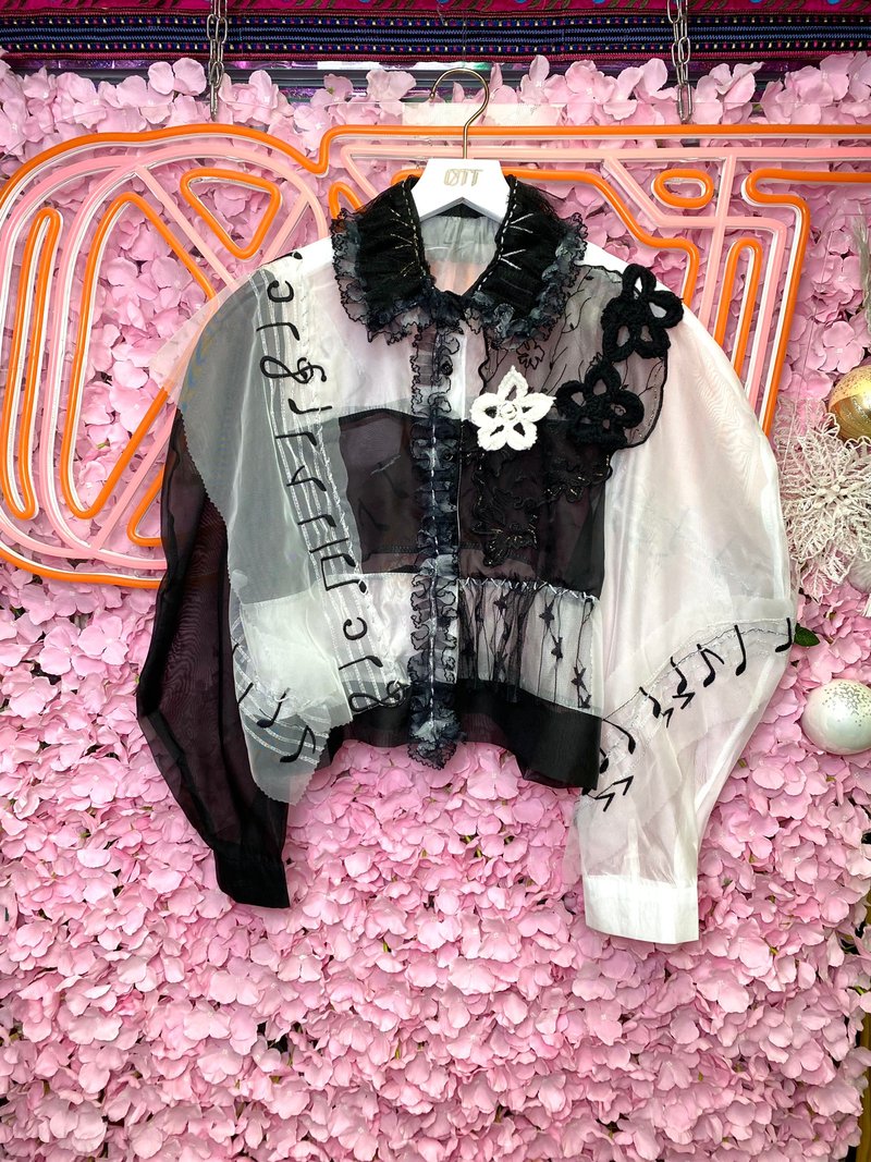 OTT獨一無二•Unique黑白色透視手鈎刺繡上衣 - 女上衣/長袖上衣 - 其他材質 黑色
