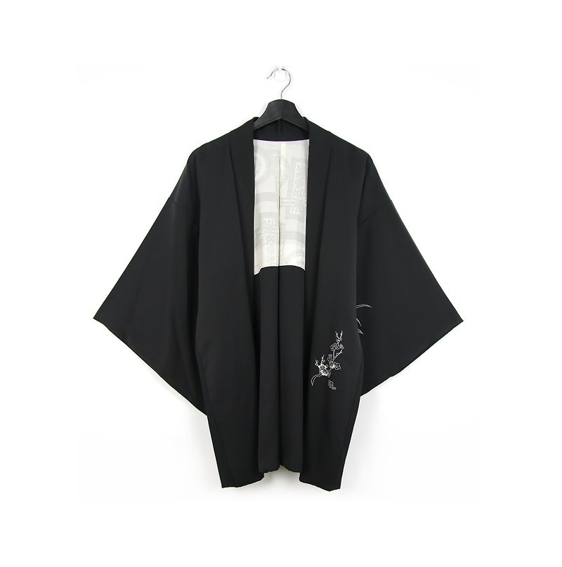 Back to Green-Japan brought back feather weave white line flower /vintage kimono - เสื้อแจ็คเก็ต - ผ้าไหม 