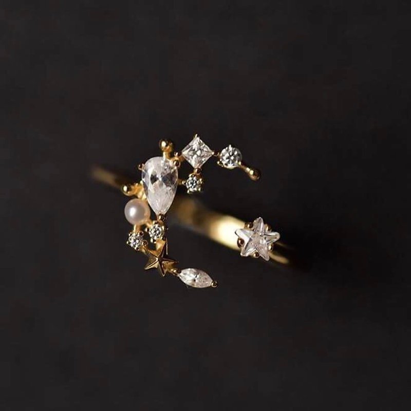 ALYSSA & JAMES 月亮系列 星辰新月開口戒指 鋯石珍珠 925銀鍍金 - 戒指 - 半寶石 金色