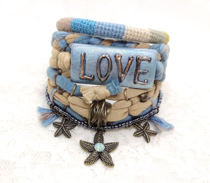 Beige Blue Bohemian Boho Bracelet Stack Starfish Charms - สร้อยข้อมือ - ผ้าฝ้าย/ผ้าลินิน สีน้ำเงิน