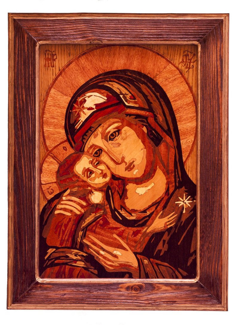 Mother Mary art Igorevskaya Orthodox Byzantine Christian God Mother Wood Icon - Wall Décor - Wood Orange