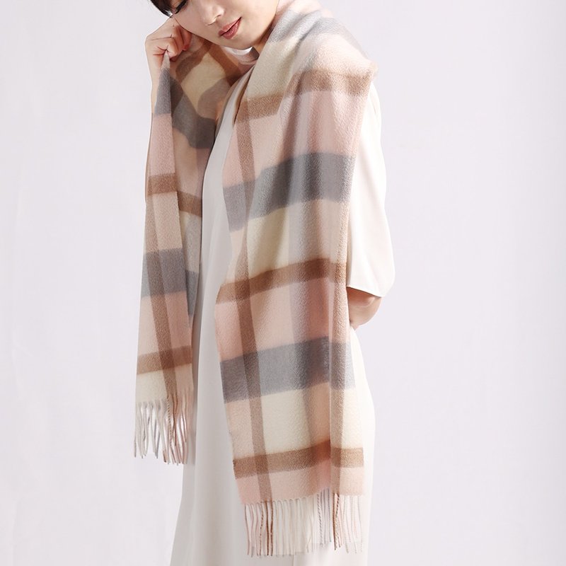 典藏粉藍 | 獨創格紋 喀什米爾圍巾 - 絲巾 - 羊毛 粉紅色