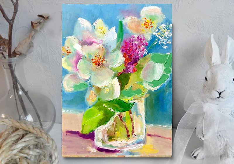 White Flower Painting, Hand- Painted, Wild Rose Oil Painting, Home decoration - โปสเตอร์ - กระดาษ 