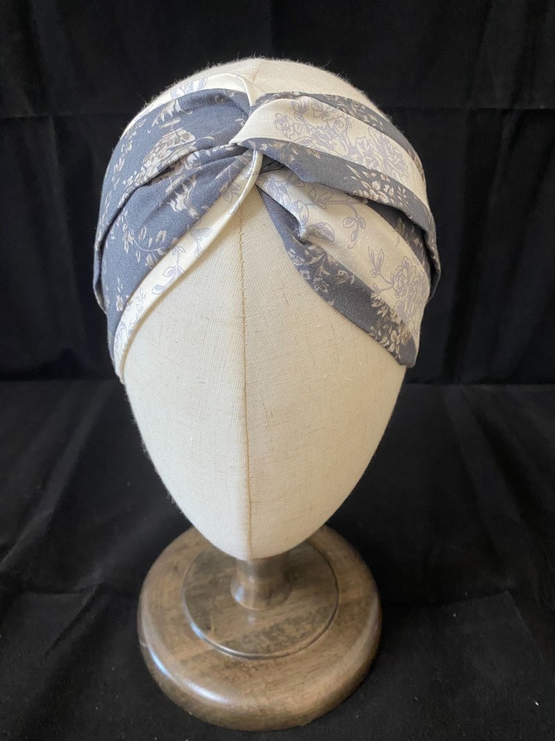 希臘/雙色扭結髮帶/日本印花布 - 髮箍/髮帶 - 棉．麻 藍色