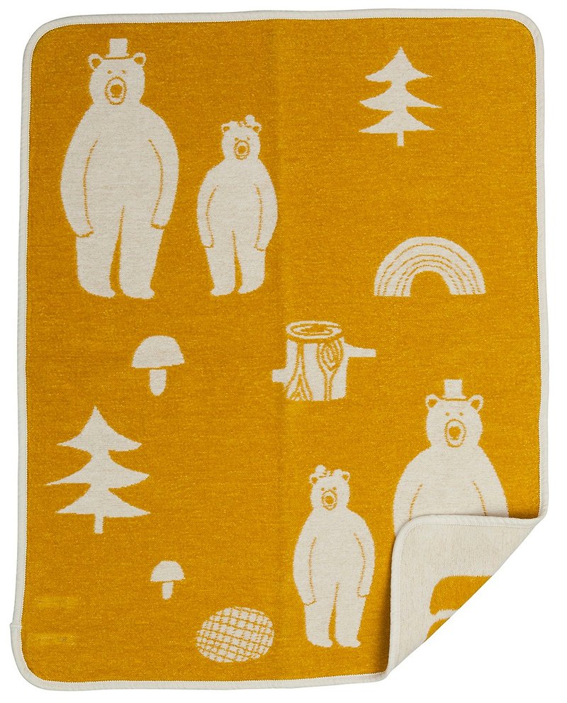 Warm blanket / baby blanket / month indemnity ceremony ► Sweden Klippan organic cotton blanket - Bear friends (mustard yellow) - ผ้าห่ม - ผ้าฝ้าย/ผ้าลินิน สีเหลือง