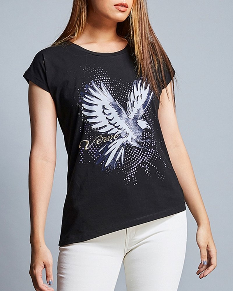 Tangle floral print with mirror effect stones cotton tee - Women's T-Shirts - Cotton & Hemp Black