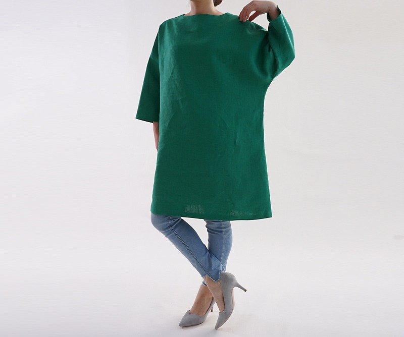 ベルギーリネン ドルマンスリーブ ワンピース/フィヨルドグリーン a8-22 - 洋裝/連身裙 - 棉．麻 綠色