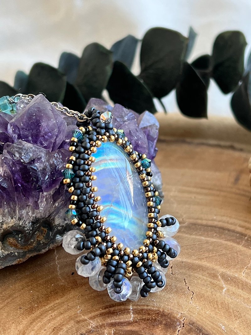 Rainbow Moonstone Stone Japanese Glass Bead Beaded Pendant with Gemstone Wound Chain - สร้อยคอ - คริสตัล สีน้ำเงิน