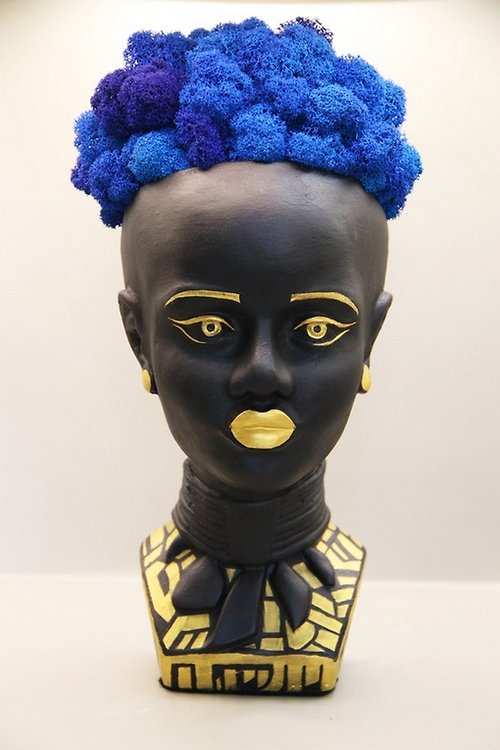 HWAN Art Gallery Moss Art Gift African Women Bust Acrylic Painted Black Statue