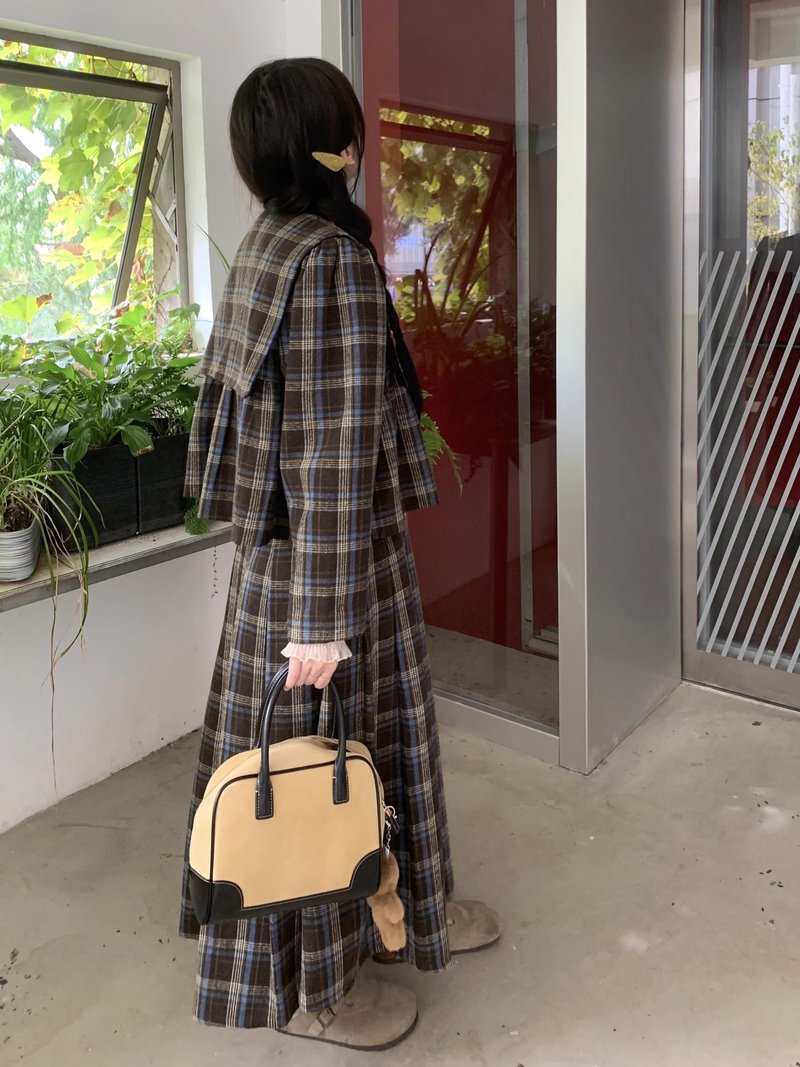 Plaid suit Japanese style babydoll top coat long short skirt vintage style suit retro - Women's Tops - Wool Multicolor