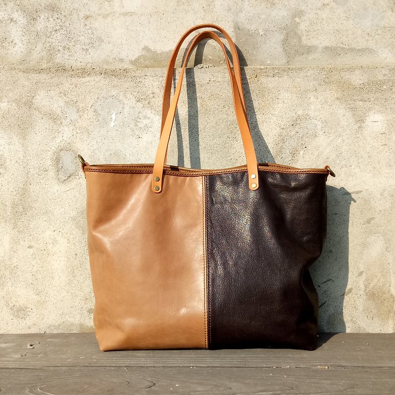 Two-color Tote bag (full hand / full leather) - Messenger Bags & Sling Bags - Genuine Leather Brown