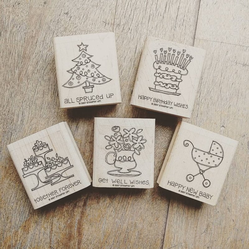 美國2007年STAMPIN UP! 橡皮木質印章歡慶系列六款圖樣 - 印章/印台 - 木頭 卡其色