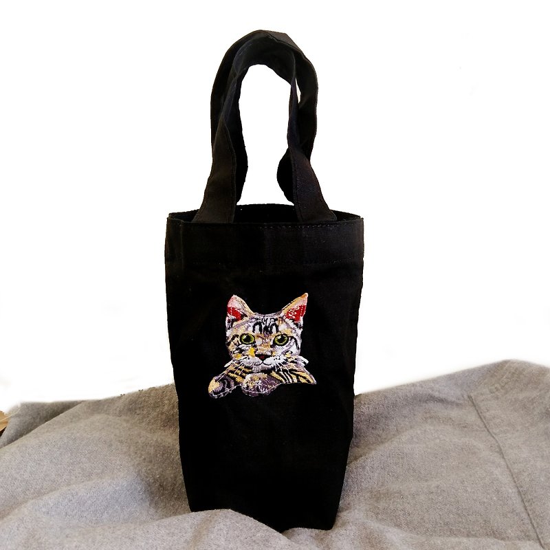 猫飲料バッグ電気刺繍 - ドリンクホルダー - コットン・麻 ブラック
