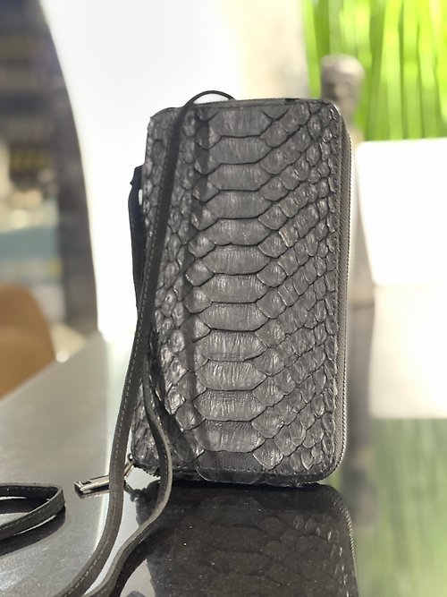 belp-atelier Python Leather Wallet Black Snakeskin Travel Holder Cell Phone Case Long Wallet