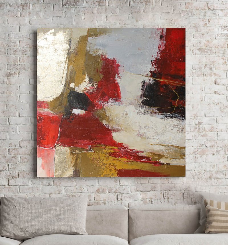 Red and Gold Art | Red Gold Abstract Painting | Red Gold Canvas Art | Florid 2 - 壁貼/牆壁裝飾 - 棉．麻 紅色