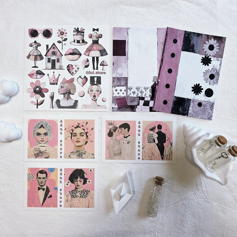 DDui store) Vintage Pink Mini stickers set Pack - 貼紙 - 紙 粉紅色