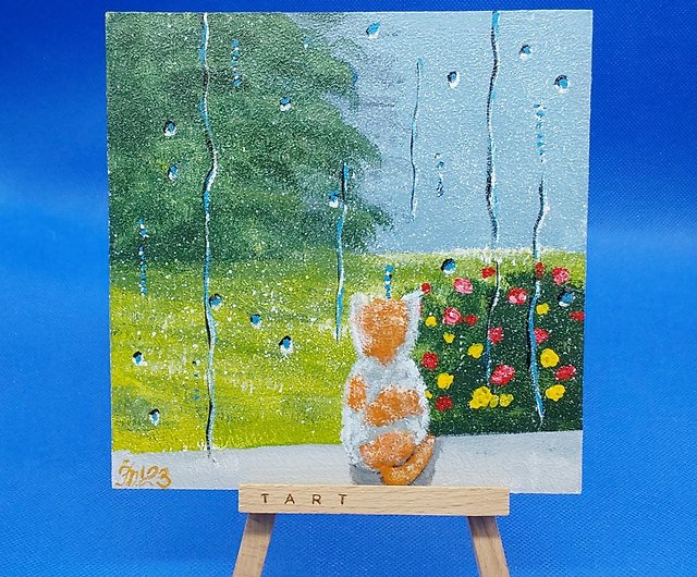 夏の雨と子猫オリジナルのアクリル小さな絵手描きの壁アート