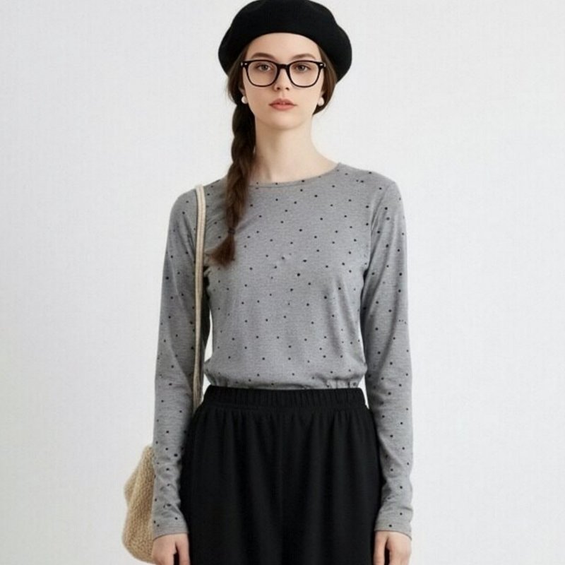 圓點長袖上衣・圓領內搭基礎復古甜美 - 女裝 T 恤 - 其他材質 灰色