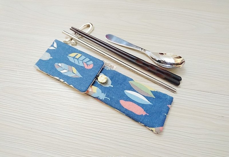 Eco-friendly tableware storage bag cutlery set double chopsticks bag feather blue - ช้อนส้อม - ผ้าฝ้าย/ผ้าลินิน 