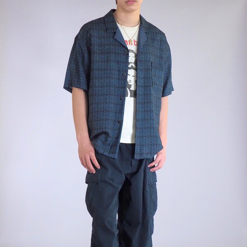 【日本製造】和服翻版、半袖襯衫男式L、靛藍色、深藍色 - 男襯衫/休閒襯衫 - 絲．絹 藍色