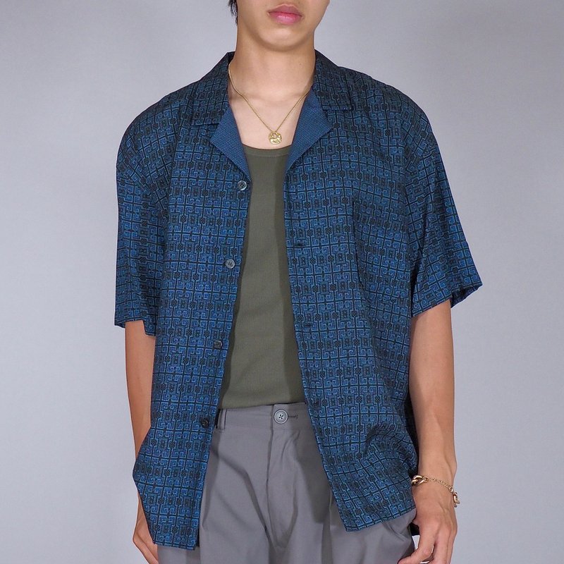 【日本製造】和服翻版、半袖襯衫男式L、靛藍色、深藍色 - 男襯衫/休閒襯衫 - 絲．絹 藍色