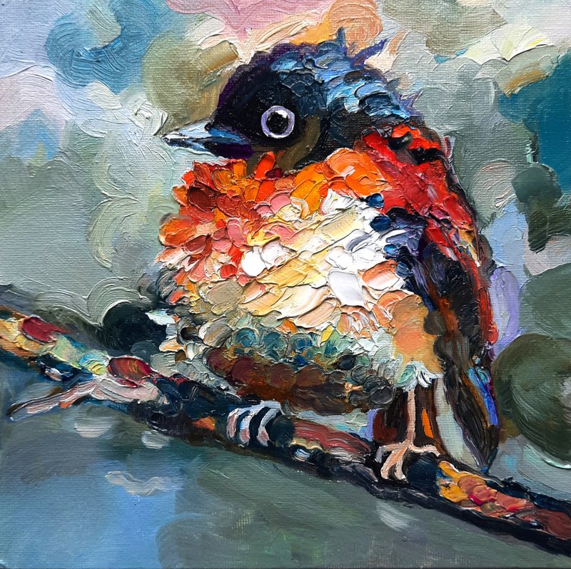 Bird Colorful Original Art  Oil Painting  Oil On Cardboard 20 by20sm - 壁貼/牆壁裝飾 - 其他材質 橘色