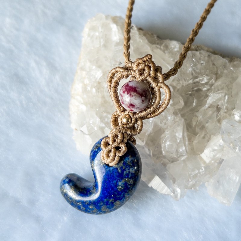 Lapis Lazuli Magatama and Tourmaline Macramé Pendant - Necklaces - Stone Multicolor