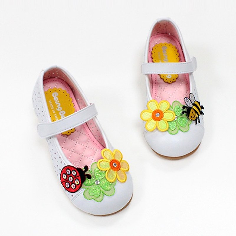 Girl doll shoes with Bee & ladybugs - white - รองเท้าเด็ก - หนังเทียม ขาว