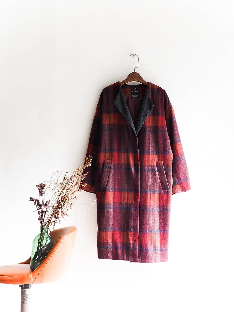 River Water Hill - Tokyo Zaohong Check Tray Sheep Antique Wool Coat Jacket Fleece Fur Fur Woolage vintage overcoat - Women's Casual & Functional Jackets - Wool Red