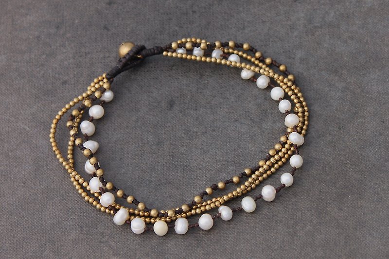 Pearl Brass Chain Hemp Anklets Water Pearl Brass Beaded Multi Strand Anklets - Anklets & Ankle Bracelets - Pearl White