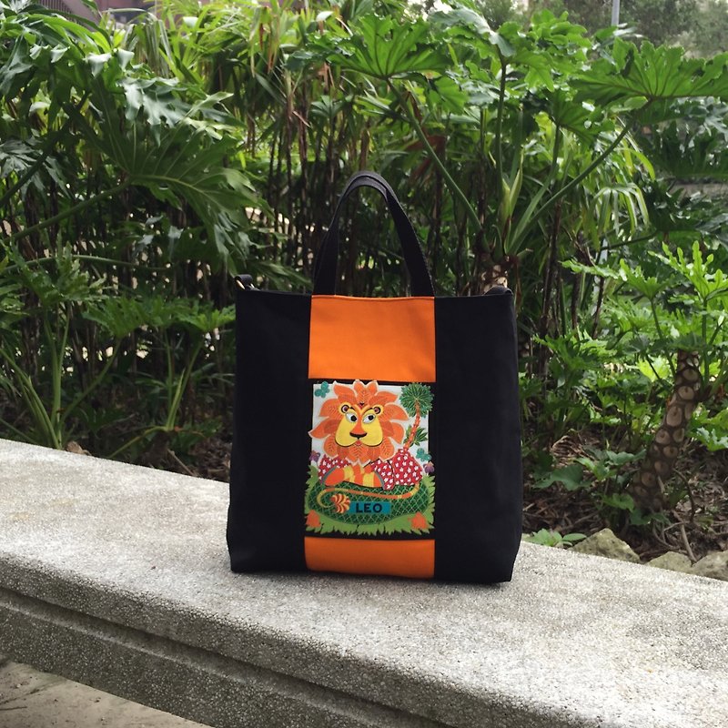 Horoscope-Leo tote bag/shoulder bag/cross-body bag/handbag handmade simple canvas - กระเป๋าแมสเซนเจอร์ - ผ้าฝ้าย/ผ้าลินิน สีส้ม