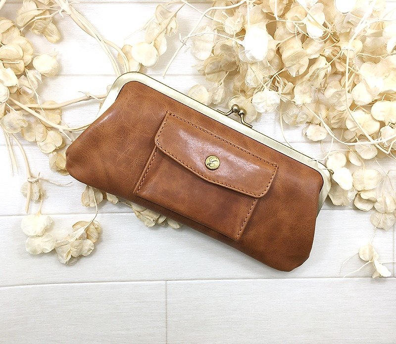 168 BE long wallet pocket cowhide large Long wallet / pouch / pocket / cow leather / big / unisex / cool / fashionable / popular wrapping / packaging / bag / leather / large / neutral / cold / old / fashionable - กระเป๋าสตางค์ - หนังแท้ สีนำ้ตาล