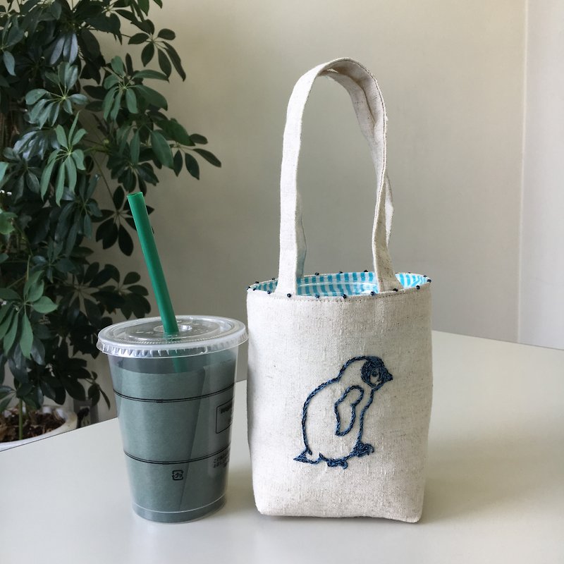 Cafe bag penguin - กระเป๋าถือ - ผ้าฝ้าย/ผ้าลินิน ขาว