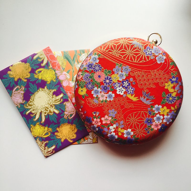 Japanese hot stamping red small round bag-can be held in hand / cross-back dual-use - กระเป๋าแมสเซนเจอร์ - ผ้าฝ้าย/ผ้าลินิน สีแดง