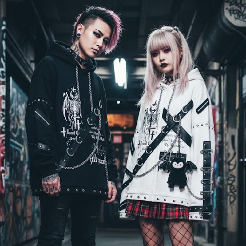 原創龐克風骸骨聖約中性惡魔翅膀連帽外套鐵鍊鐵環扣帶設計JJ2561 - 男夾克/外套 - 棉．麻 