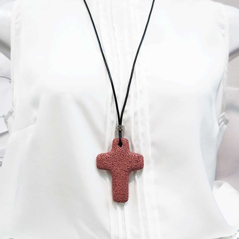 Diffuser Necklace Large Cross Red Lava Rock Pendant Cowhide Leather Cord - สร้อยคอยาว - หนังแท้ สีแดง