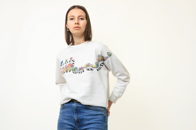 棉．麻 女毛衣/針織衫 白色 - 80s Vintage Graphic Print ADIDAS Woman White Sweatshirt size S