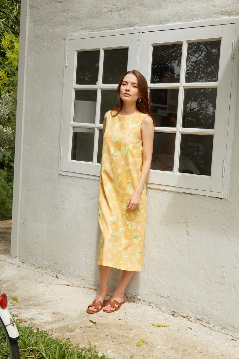 BIRUCHU YUZU BLOSSOM DRESS - Sleeveless Linen dress with lining 棉麻洋裝 黃色 花 - 洋裝/連身裙 - 棉．麻 橘色