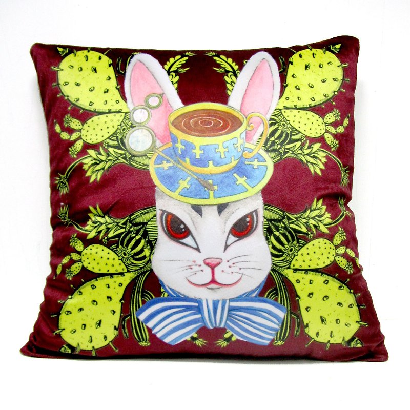 《Gookaso》磚紅啡色 兔子伯爵 卡通印花抱枕 45x45cm 原創設計 - 枕頭/咕𠱸 - 聚酯纖維 咖啡色