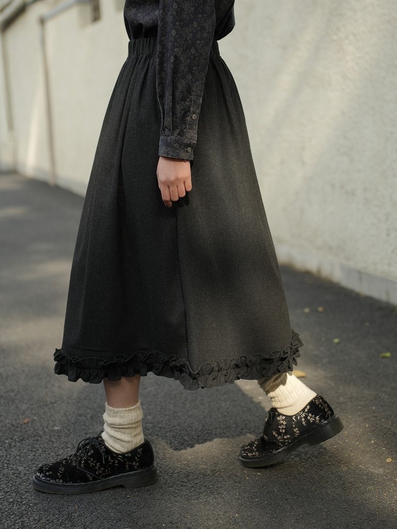 Dark Grey Wool Lace Elastic Waist Skirt - กระโปรง - ขนแกะ สีเทา