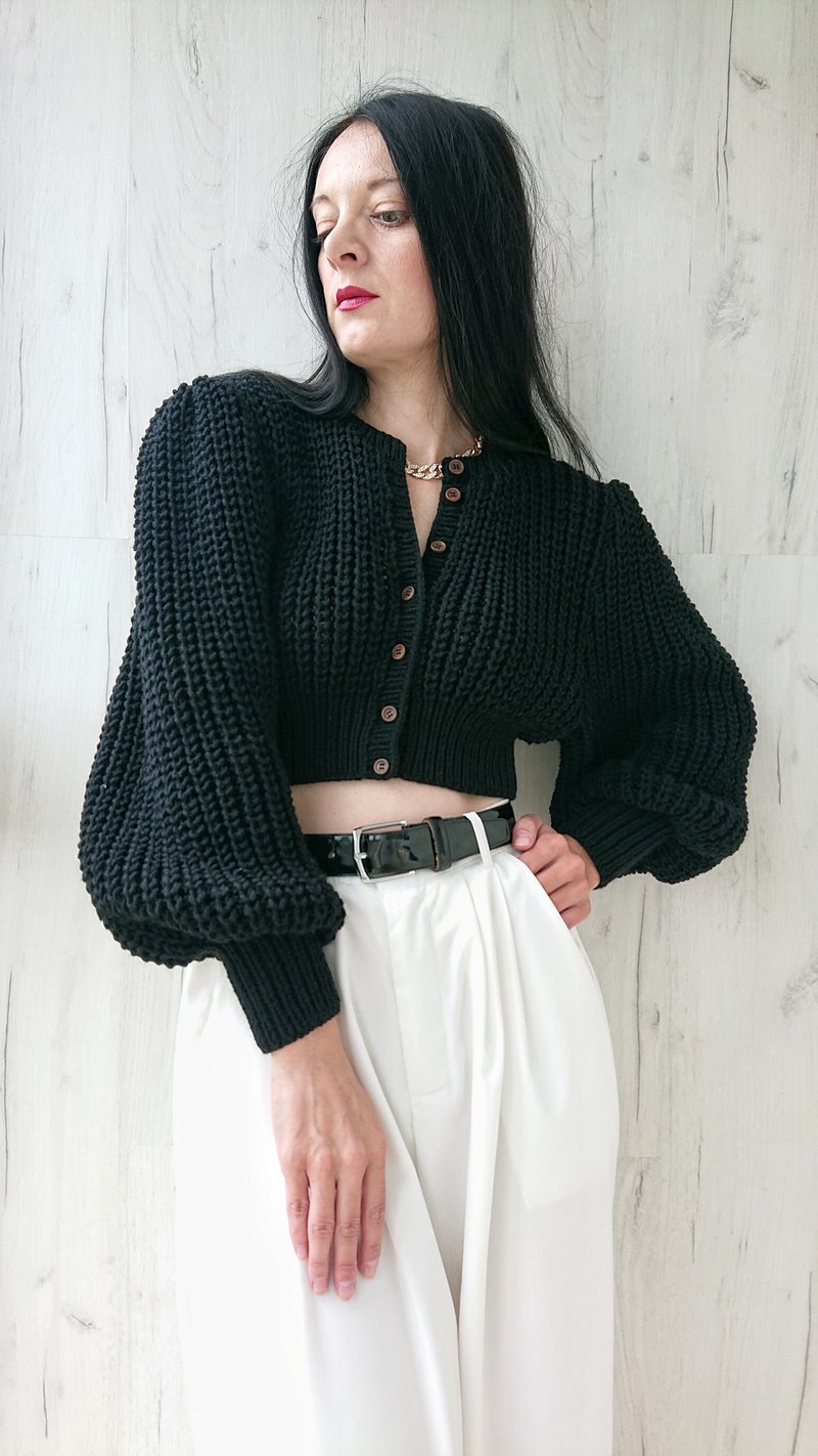 Puff long sleeve blouse Cropped knit cardigan Black sweater top Knitted jacket - 女毛衣/針織衫 - 羊毛 
