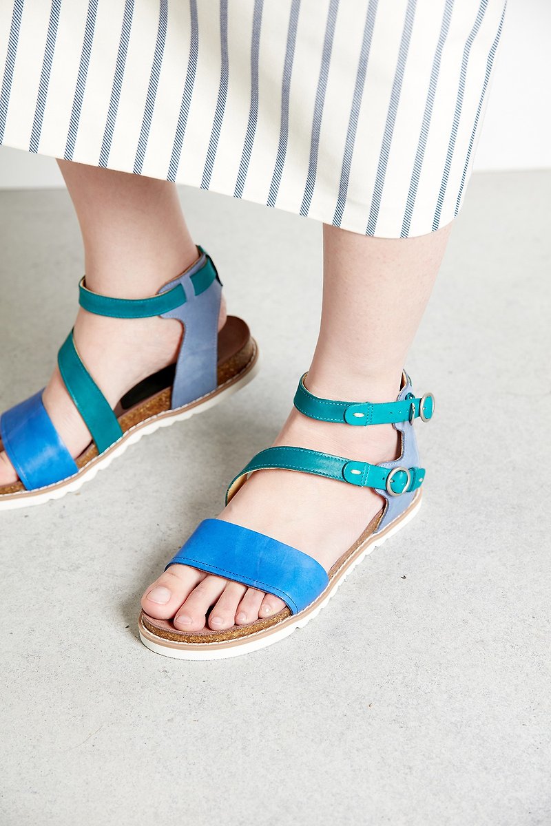 H THREE double ankle strap sandal / flat / blue / green Turkey - Women's Casual Shoes - Genuine Leather Green